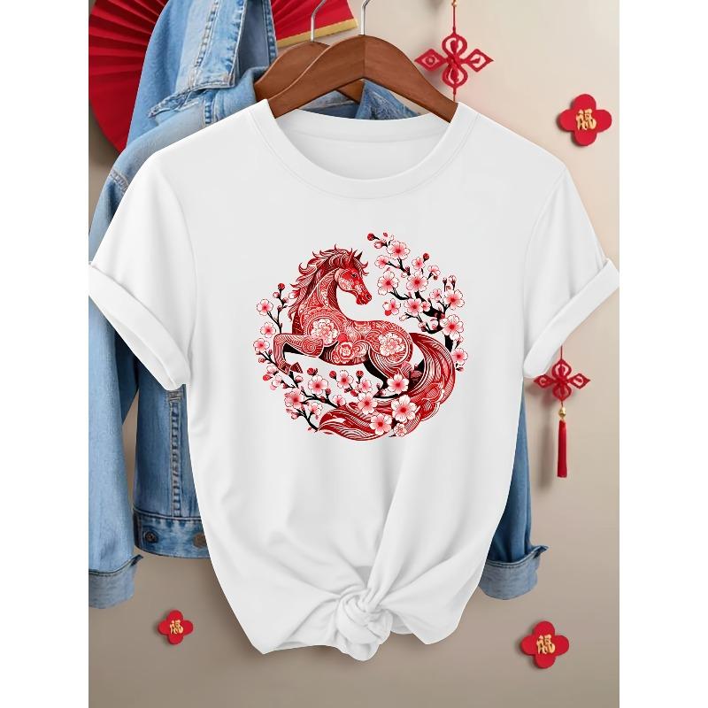 

Женская винтажная футболка на Китайский Новый год, европейский размер - Топ с коротким рукавом и круглым вырезом, подходит для весны, лета, осени S белый