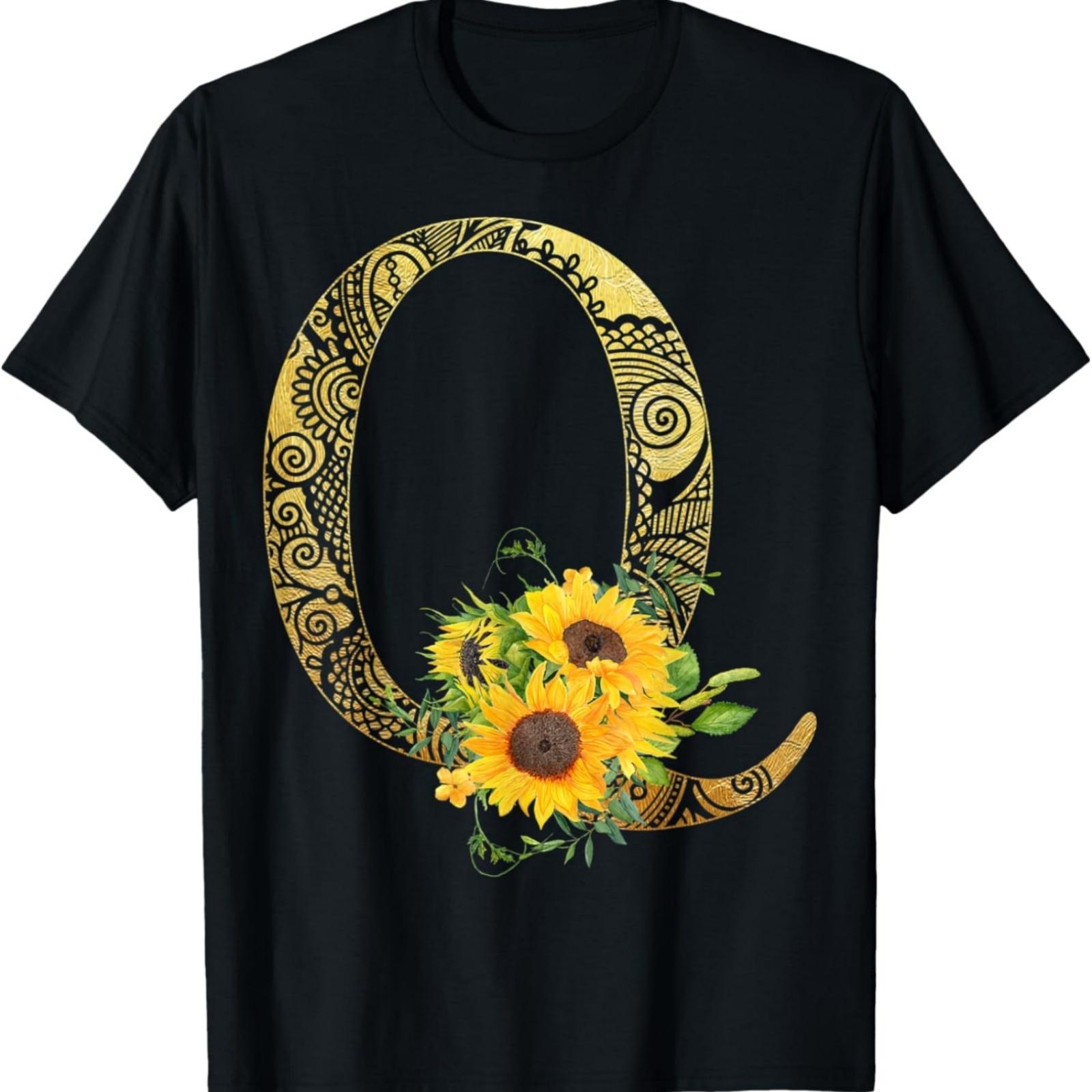 Monogram Initial Letter Q Cute Sunflower Alphabet T-Shirt S