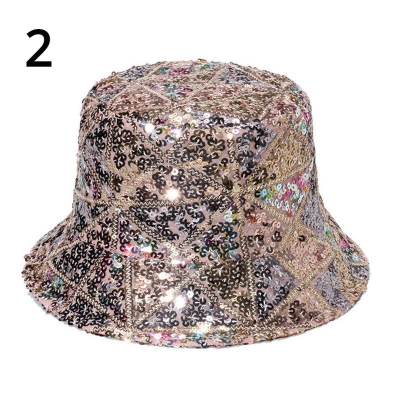 Women Bucket Hat Fishing Cap Sequin Hip-hop Festival Glitter Bling Wide Brim