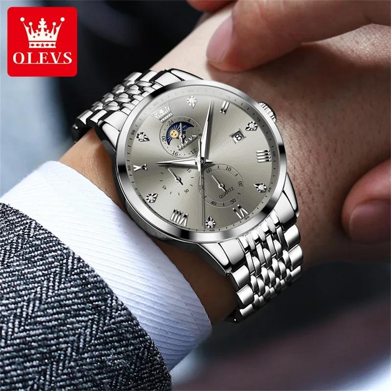 OLEVS Herrenuhren Top-Marke Mode Original Quarzuhr für Mann Wasserdicht Leuchtend Mondphase Datum Chronograph Armbanduhr