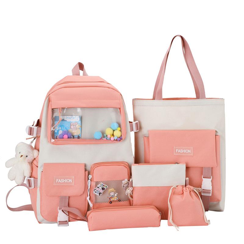 5pcs/set Kawaii School Bags for Teenage Girls Casual Canvas Large Capacity Student Bookbags Women Travel Backpack Shoulder Bags