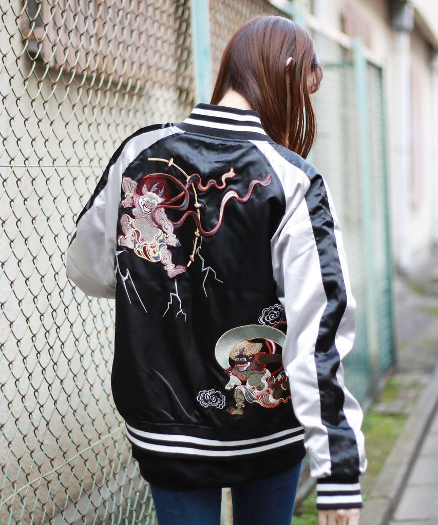 [WESTSEA] Japanese Embroidered Sukajan Jacket, Satin Souvenir Bomber Blouson for Men & Women, Fujin Raijin Thunder God, Black, JP Size M
