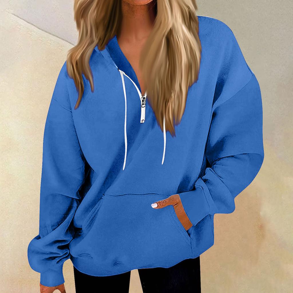 Women's Casual Fashion Long Sleeve Solid Color Zip Pullover Hoodies Sweatshirt Top