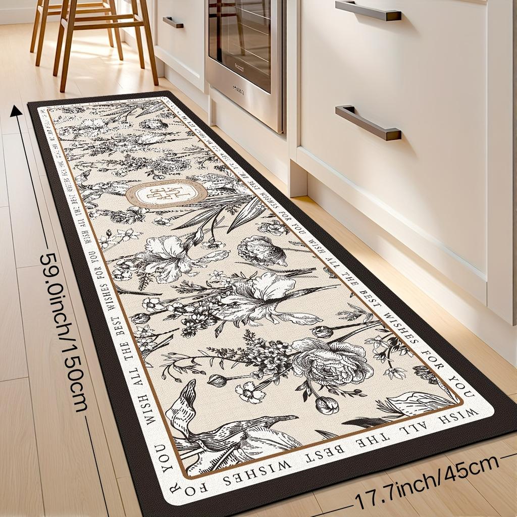 Vintage Floral Pattern Kitchen Mat Polyester Non-Slip Washable Runner Rug Bathroom Absorbent Mat Home Decor