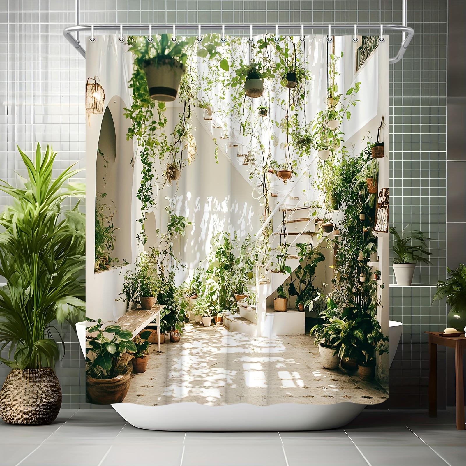 

Botanical Garden Bath Curtain - Lush Green Plants & Sunlit Stairs, Waterproof Home Decor Adds Nature s Beauty to Your Bathroom W90XH180cm