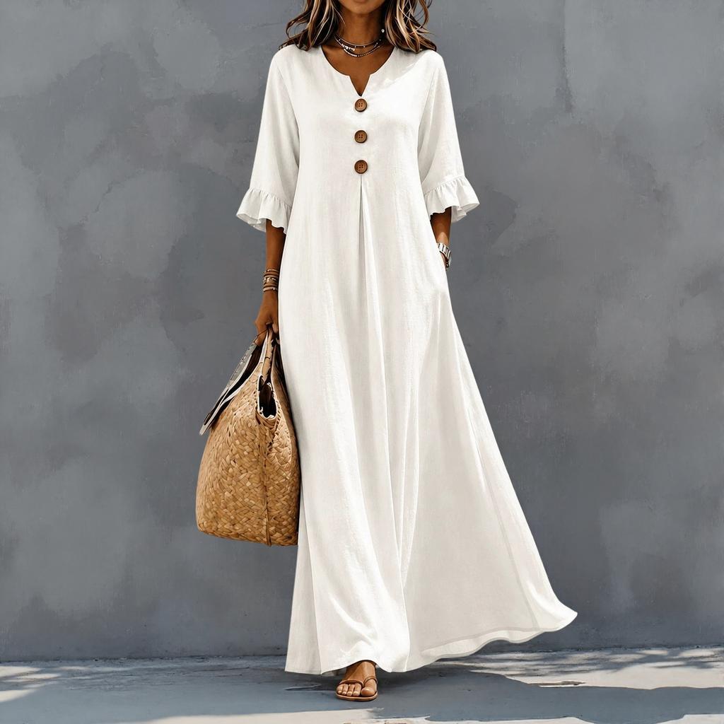 Women's autumn new solid color V-neck dress, fashionable temperament loose pendulum dress