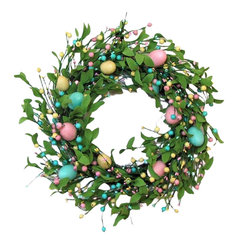Easter Wreath with Pastel Eggs Front Door Wall Hanging Artificial Green Leaves Garland for Party Holiday Home Garden Decoration