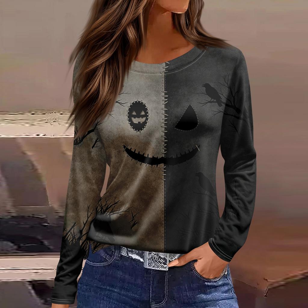 Women's Halloween Print Long Sleeve Top with Round Neck and Hem Slit for Casual Party Wear