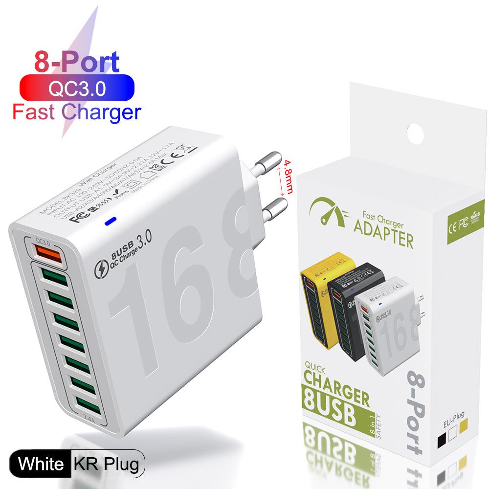 8-Port QC3.0 Fast Charging Travel Charger for Europe, America & Korea - Mobile Phone Charger
