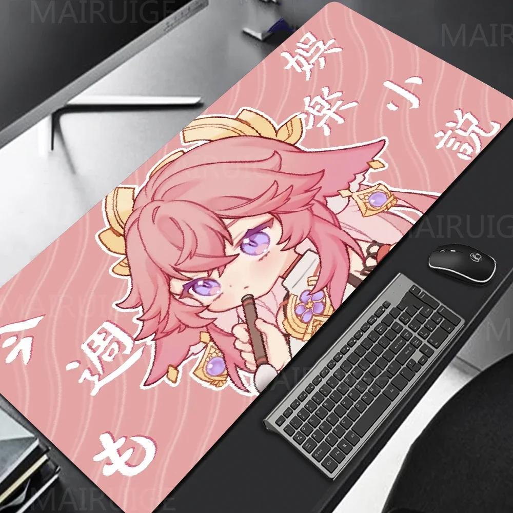 Genshin Impact Large Mouse Pad XXL 900x400 Pink Kawaii Non-slip Rubber Keyboard Desk Mat Yae Miko Gaming Accessories Anime Gamer