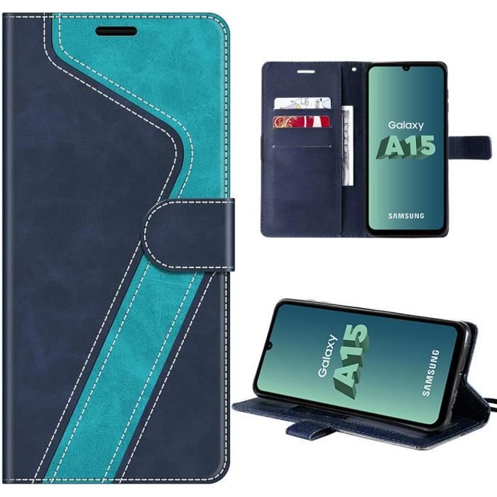 Coque pour Samsung Galaxy A15 5G-4G, Antichoc Effet Cuir avec Porte-cartes et Support, à Motif Stylisé Bleu