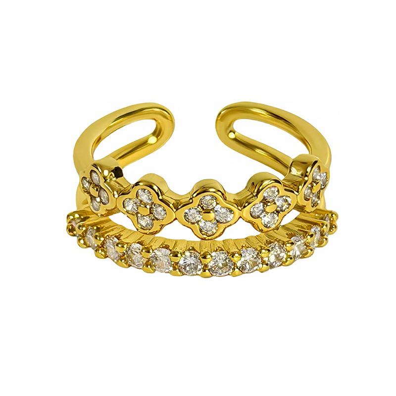 Light Luxury Sweet Sister Four-Leaf Clover Full Of Diamonds, Row Of Diamonds, Zircon Double-Layer Open Ring, Niche High-End Sense Stacking