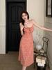 French floral lace-up suspender dress women's summer new waist thin medium and long dress red holiday skirt