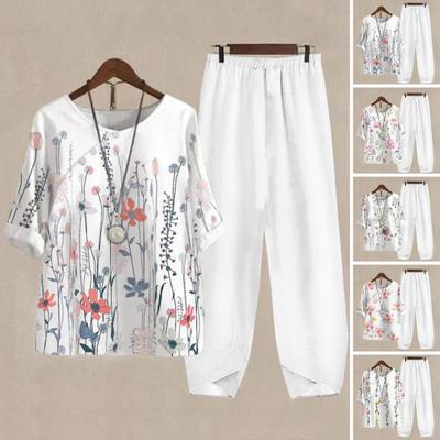 Ensemble 2 Pièces/Set T-shirt Pantalon Femme Imprimé Floral Taille Élastique Manches Courtes Col Rond Jambes Larges Quotidien Décontracté Respirant Tenue d'Été Dame Féminin