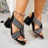 Fashion Luxury Design Rhinestone Cross Strap Sandals Women Thick High Heels Back Strap Gladiator Shoes Woman Party Black Sandalias Mujer