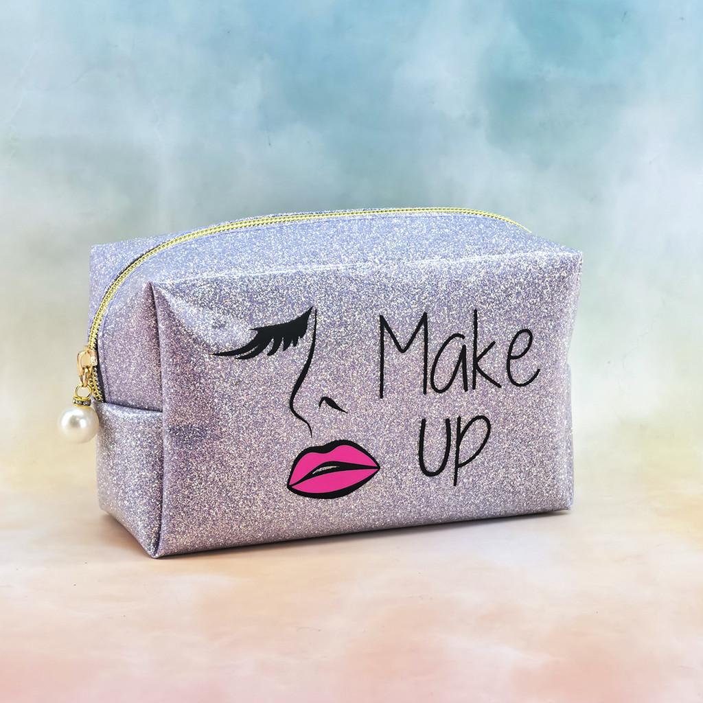 Pvc Glitter Makeup Bag With Character Print For Girls Travel And Storage