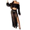 Women Sexy Long Sleeve Tassels Hollow Out Blouse Tops+Slit Beach Skirt Suit Sets