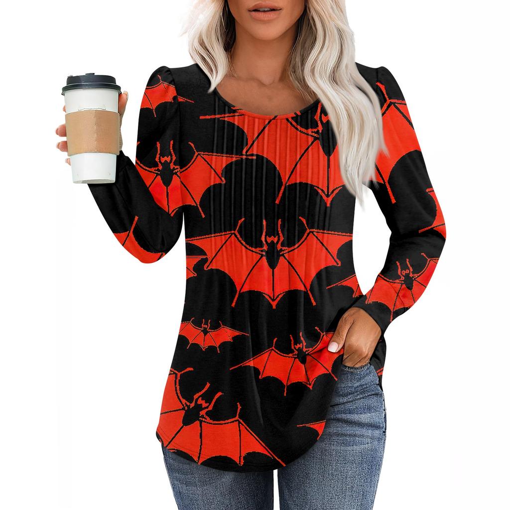 Women's Casual Fashion Long Sleeve Print Pleated Round Neck Shirt Casual Tops