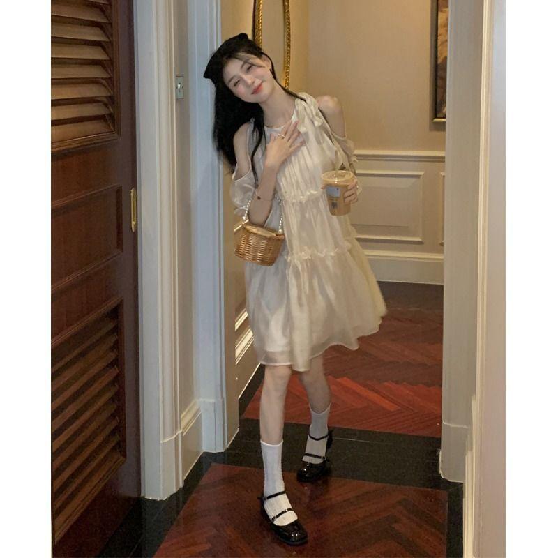 Pure Desire Wind Open Shoulder Straps Crew Neck Dress Women's New Summer Gentle Temperament Sweet First Love Skirt