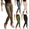 Casual Women Pants Cargo Pure Color Mid-rise Button Zipper Closure Trousers Multi Pockets Design Elastic Cuffs Long Comfortable