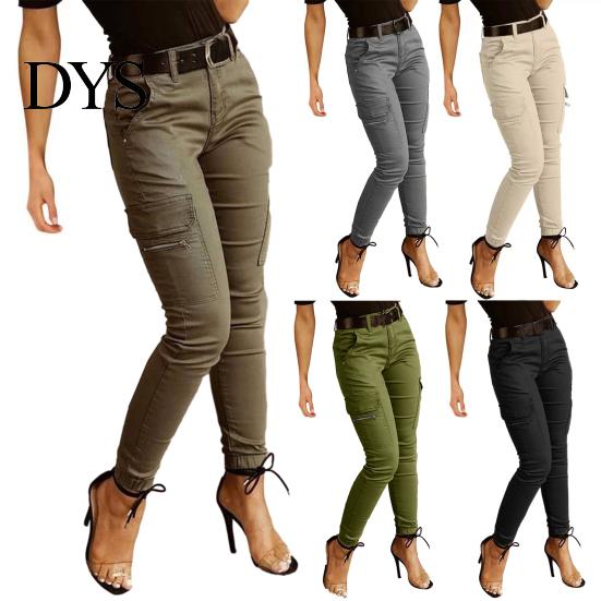 Casual Women Pants Cargo Pure Color Mid-rise Button Zipper Closure Trousers Multi Pockets Design Elastic Cuffs Long Comfortable