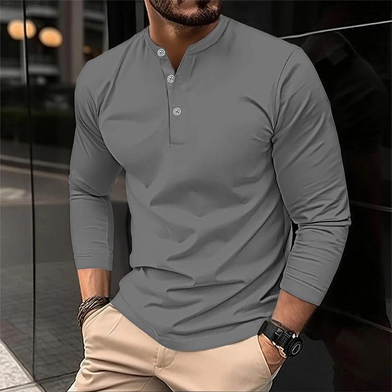 Polyester Fabric Fashionful Casual Outdoor Men's Long Sleeve 3-Button T-Shirt with Solid Color Design Basic Style Comfortable