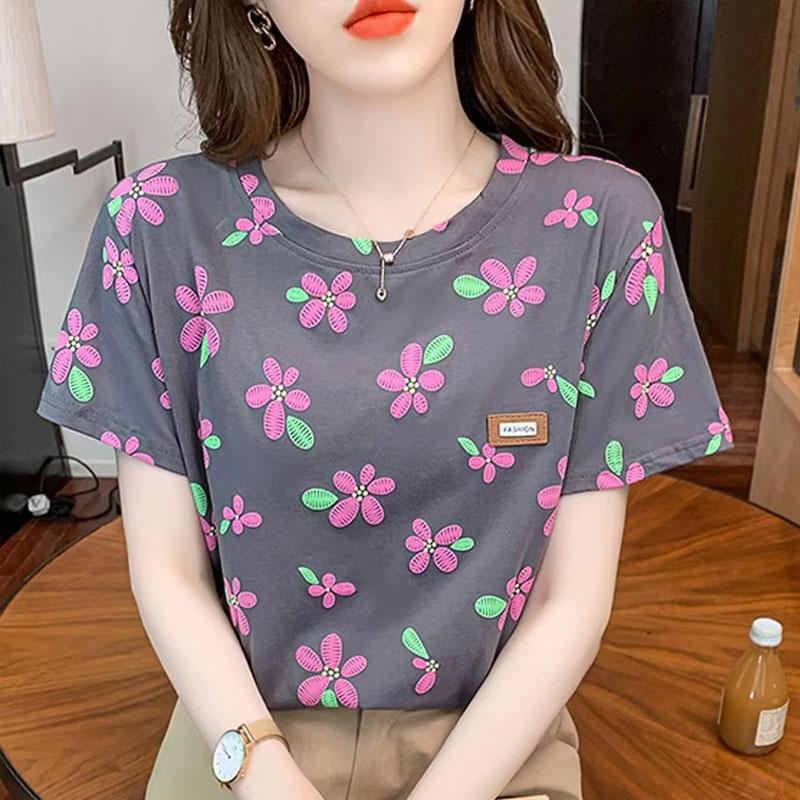 

Printed Women s Short-sleeved T-shirt Top for Summer Korean New Loose T-shirt Versatile Clothes L сірий колір