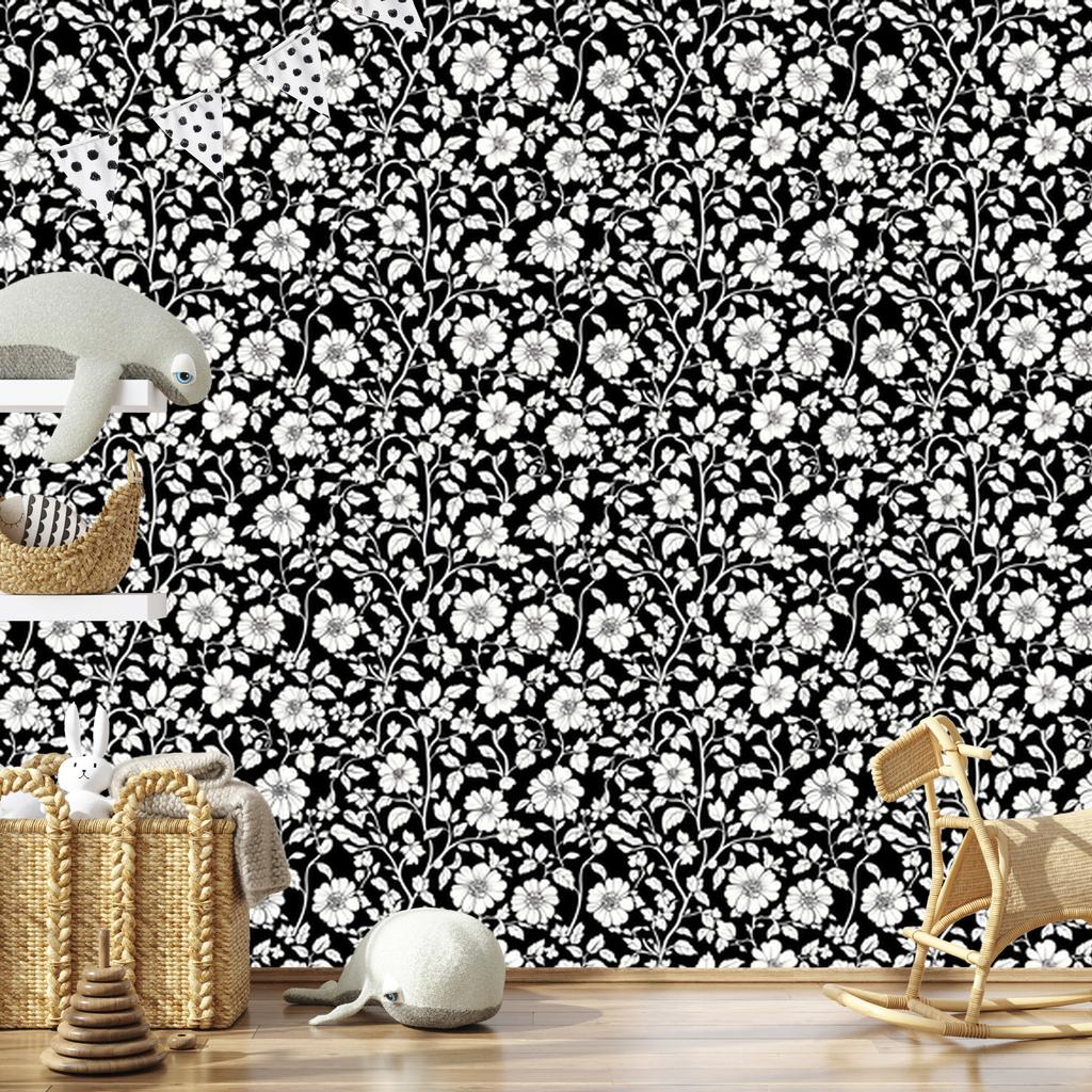 Wallpaper Black and White Flowers Graphite, Gray Background 50x1000