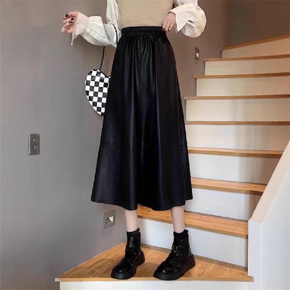 Women's Plus Size High Waist A-Line Brown PU Leather Skirt for Spring, Autumn, and Winter