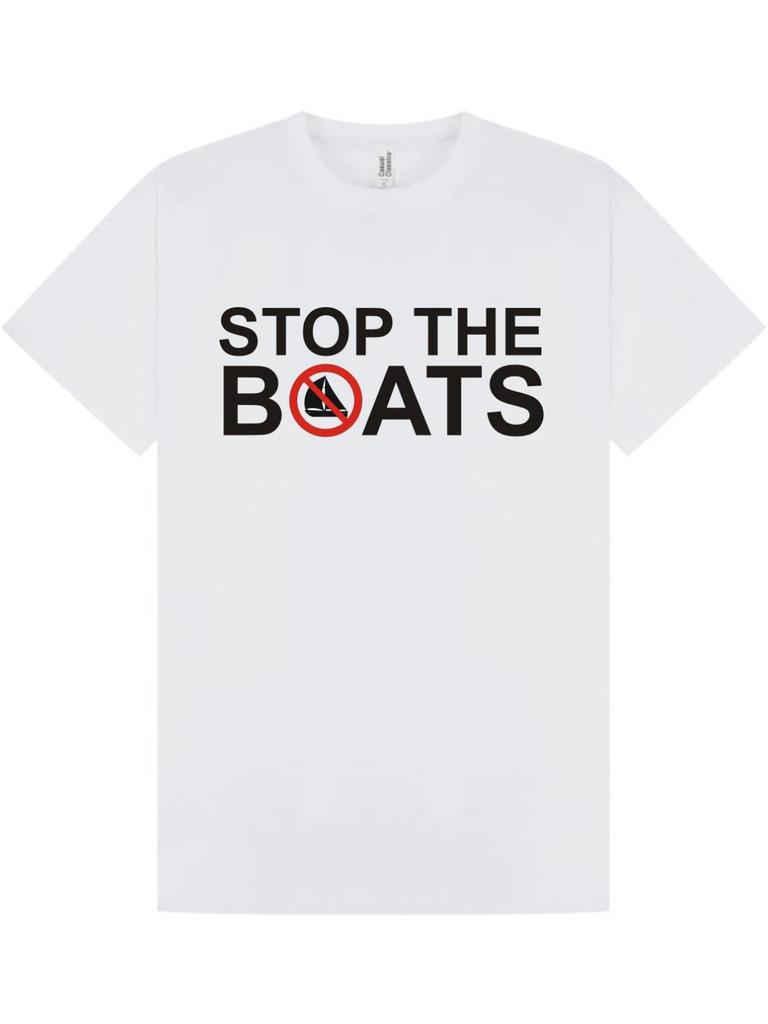 100% cotton TOPS UNISEX TEES MENS WOMENS STOP THE BOATS Funny Political T-Shirt Anti-Illegal Immigration Statement / Tee