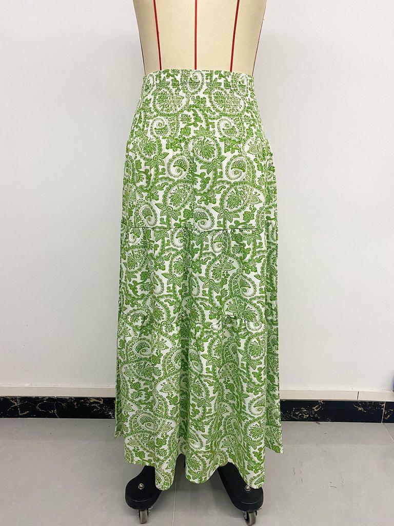 2026 Summer Boho Paisley Print Long Skirt with Elastic Waist and Tassel Drawstring