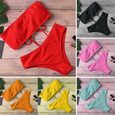 1 Set Women Beach Suit with Chest Pad No Underwire Solid Color Elastic High Waist Bathing Two-piece Set Bandeau Swimming