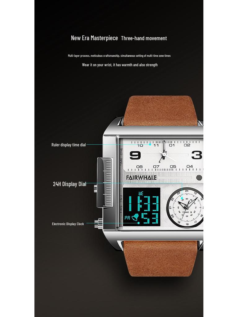 Mark Fairwhale Men's Geometric Retro Square Watch with Genuine Leather and Alloy