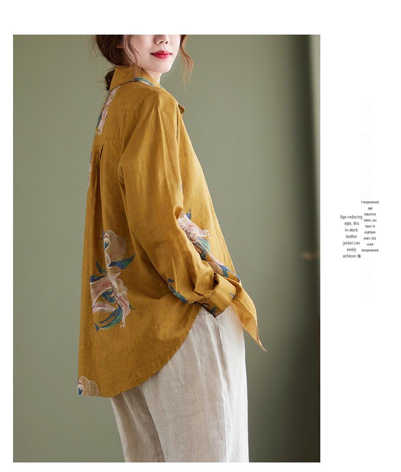Women's Retro Floral Cotton Linen Shirt - Plus Size, Loose Fit, Long Sleeve, Spring/Autumn