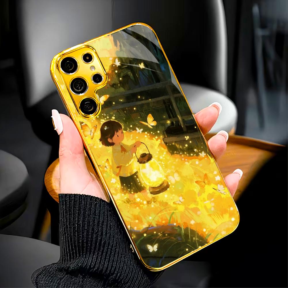 Protective Cover Cartoon High-end Electroplating Glass PhoneCase for Samsung Galaxy S26 S25 S24 S23 S22 S21 FE,Ultra,Plus