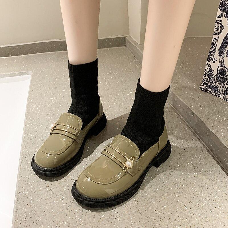 Metal Buckle Oxford Shoes for Women Slip On Round Toe Mary Jane Shoes Woman Square Heels Leather Shoes Female