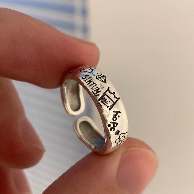 ANENJERY Flower Prince Graffiti Open Ring for Women Korea Niche Design Thai Silver Color Vintage bague femme anel anillo