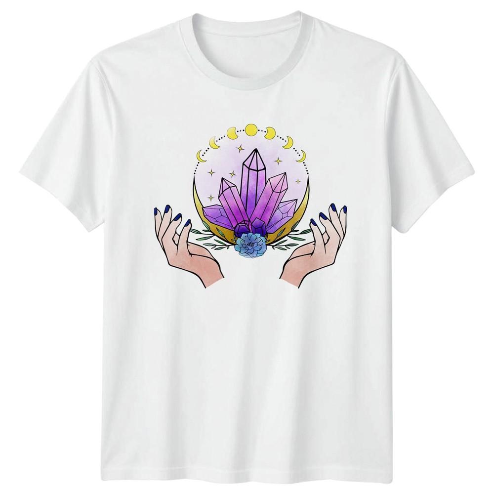 Hands Holding Amethyst Crystals Crescent Unisexs TShirt Moon Phases S