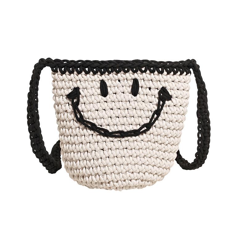 

Summer handwoven bag women s new fashion smiley face shoulder bucket bag hollow straw bag beach bag one size fits all білий