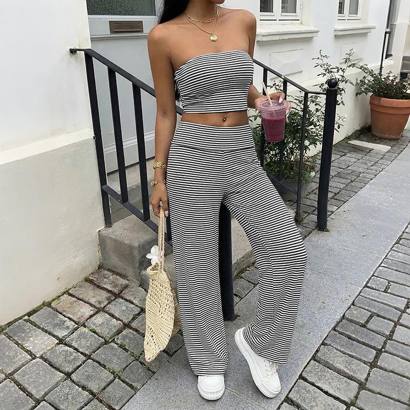 TIFICY Women's Fashion Casual Summer Spring Stripe Print Sleeveless Trousers Pants Suits