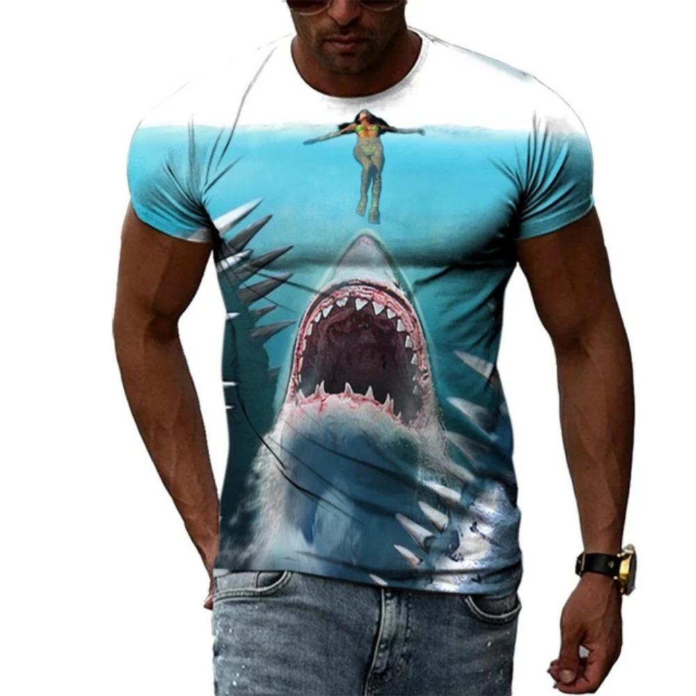 Maglietta da uomo con stampa 3D di squalo, T-shirt estiva a girocollo con motivo di animale marino, Top larghi a maniche corte