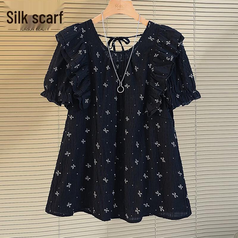 Women s Lace Round Neck Printed Short Sleeve Shirt L чёрный