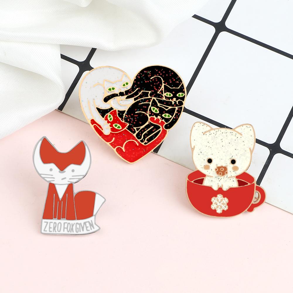 Animal Cats Fox Brooch Cartoon Teacup Kitten Enamel Pins Funny Personality Custom Badge Bag Cloth Lapel Pin Fashion Jewelry Gift