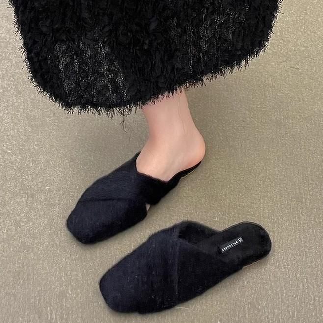 2025 autumn and winter new outer wear gentle fairy wind velvet bag head cotton slippers casual flat half slippers tide
