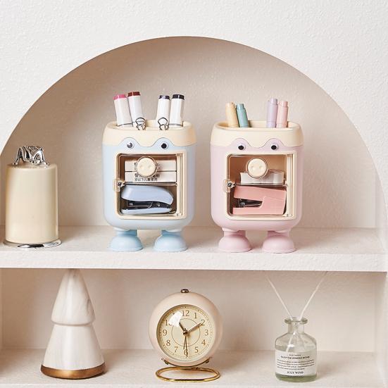 Cute Cartoon Pig Pen Holder Multi-Grid Desk Organizer with Drawer Multi-functional Cosmetic Makeup Brush Holder for Home Office School Supplies