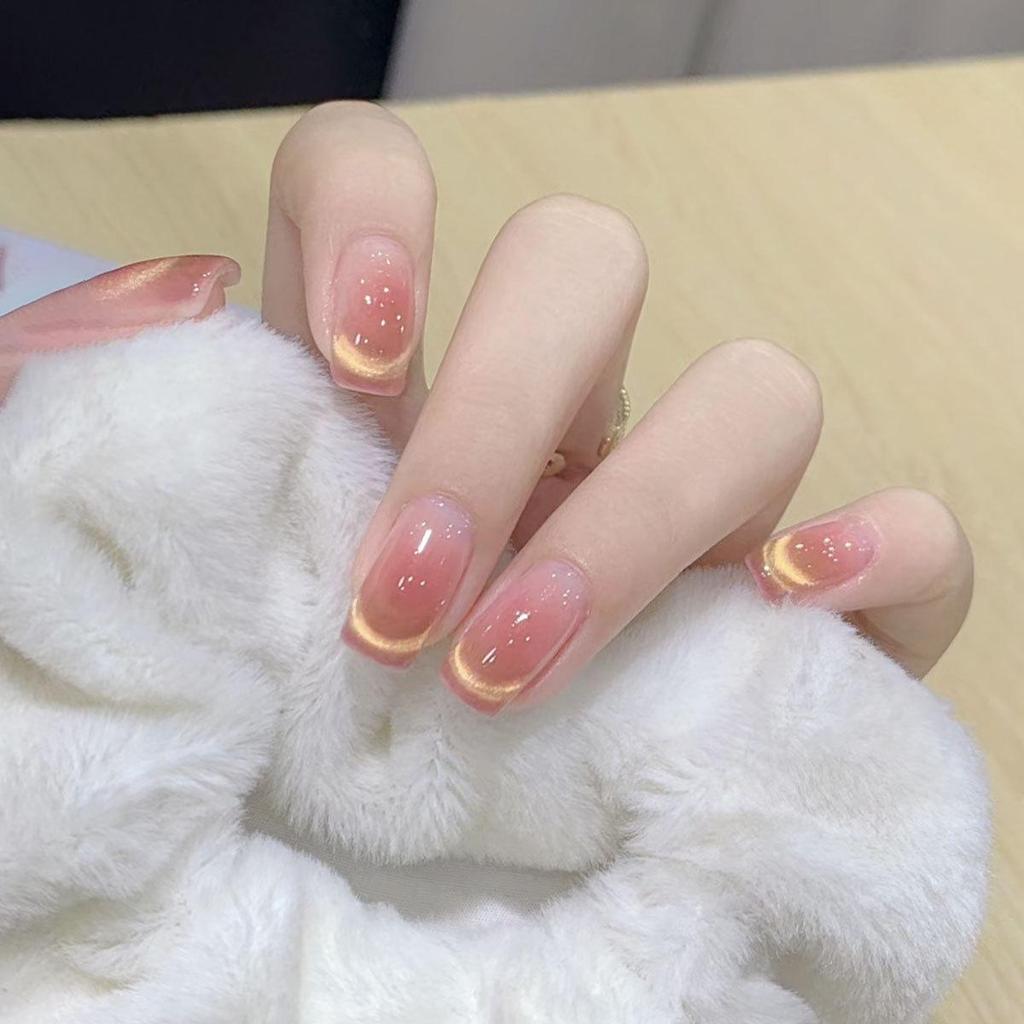 Transparent Cat Eye Nude Pink Square Wearable Nail Tips