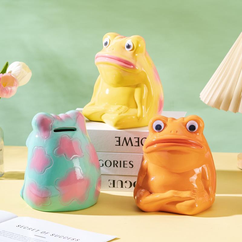 Ceramic Handicrafts Cartoon Frog Figurines Piggy Bank Big-mouthed Frog Ornament Abstract Animal Sculpture Home Decoration