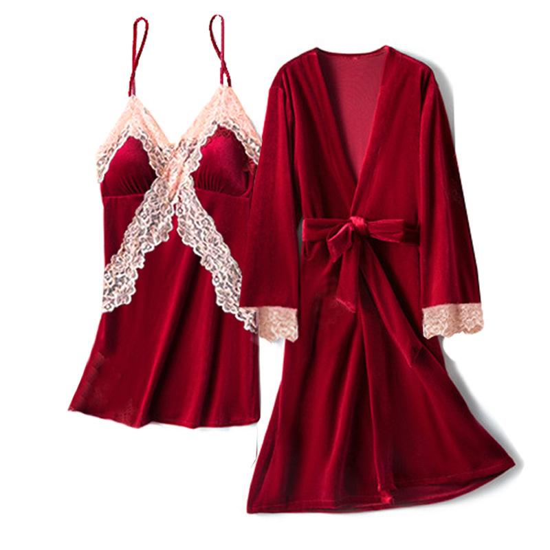 Women Winter Thick Flannel Velvet Pajamas Female Fall Sexy Lace Long-sleeved Suit with Corset Pads Sling Nightgown Robe Homewear