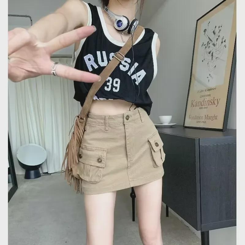 2023 Trendy Khaki A-Line Denim Workwear Skirt for Women - Sexy Summer Style with Pockets