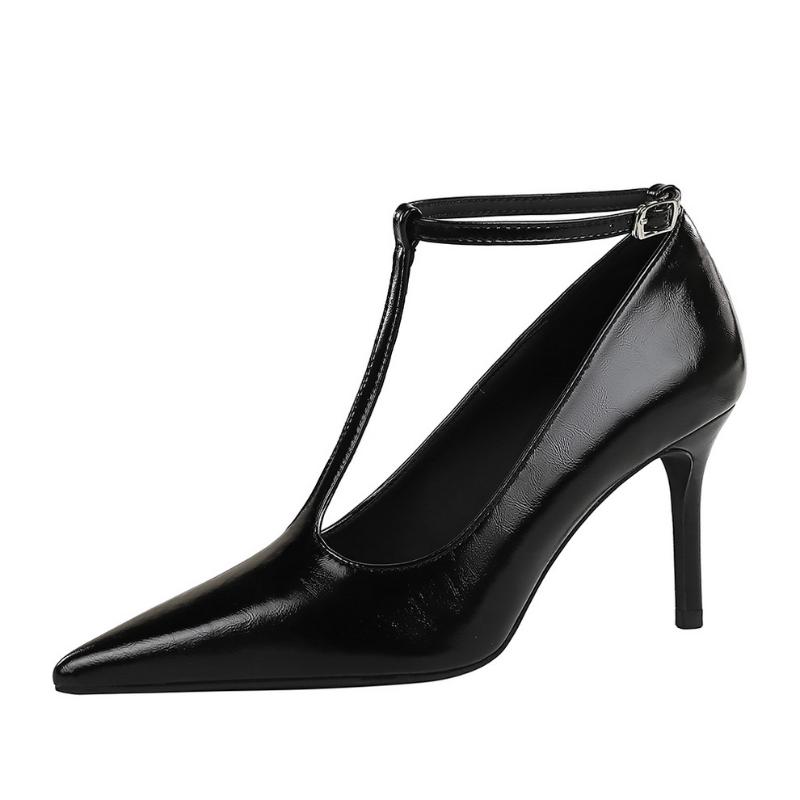 Fashion Pointed Toe High Heels With Polished Leather T-Shaped Buckles Shallow Mouth Single Shoes Fashionable Simple Women's Shoes